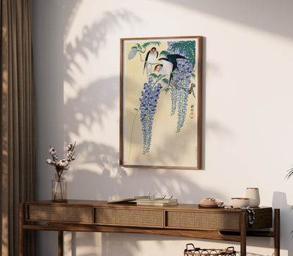 Premium Poster of Vibrant Japanese Artwork of Birds and Wisteria Flower Posters