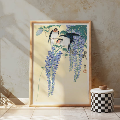 Premium Poster of Vibrant Japanese Artwork of Birds and Wisteria Flower Posters