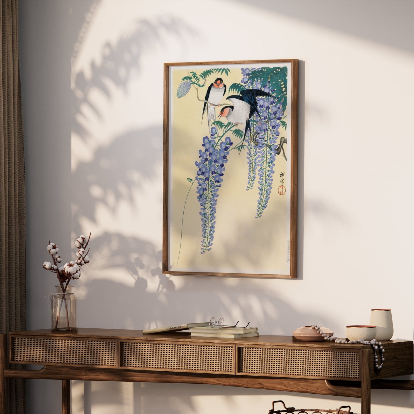 Premium Poster of Vibrant Japanese Artwork of Birds and Wisteria Flower Posters
