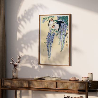 Premium Poster of Vibrant Japanese Artwork of Birds and Wisteria Flower Posters