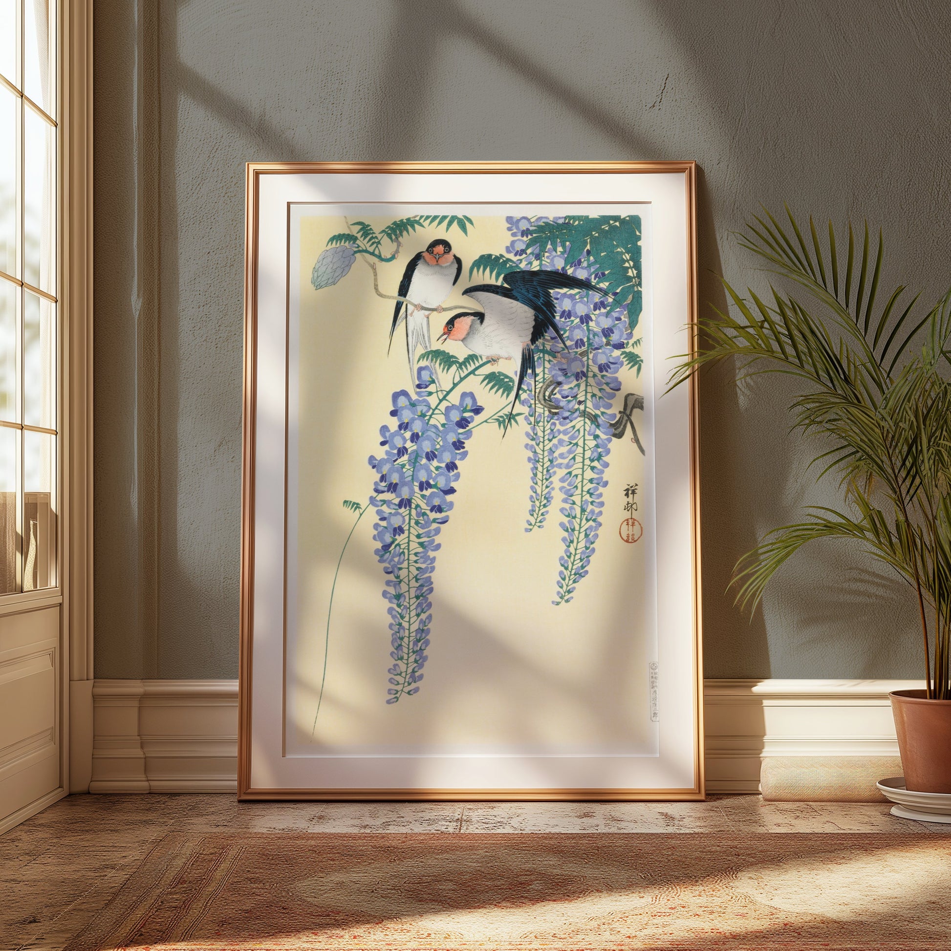 Premium Poster of Vibrant Japanese Artwork of Birds and Wisteria Flower Posters