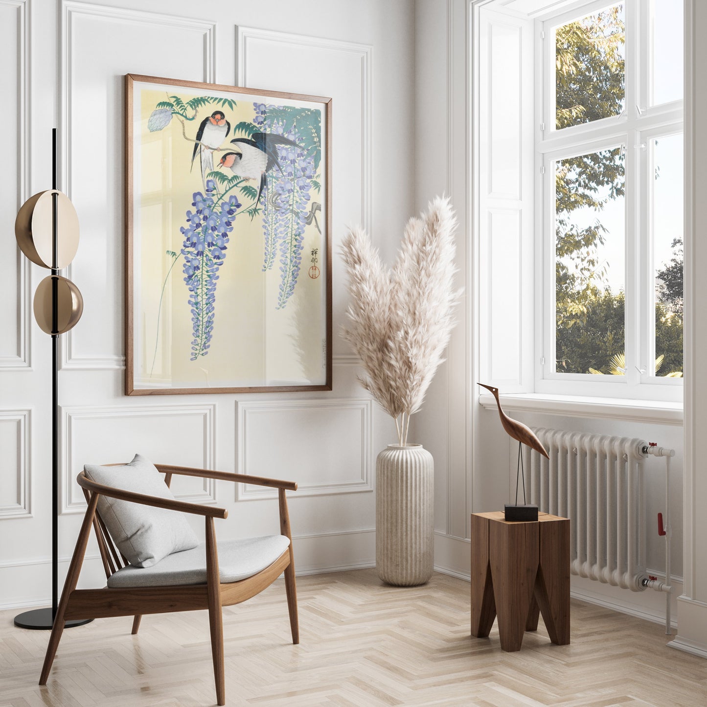 Premium Poster of Vibrant Japanese Artwork of Birds and Wisteria Flower Posters