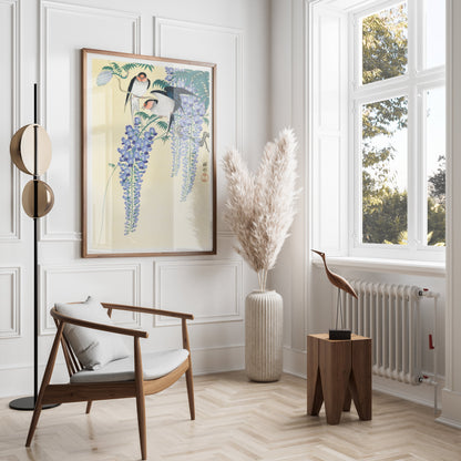 Premium Poster of Vibrant Japanese Artwork of Birds and Wisteria Flower Posters