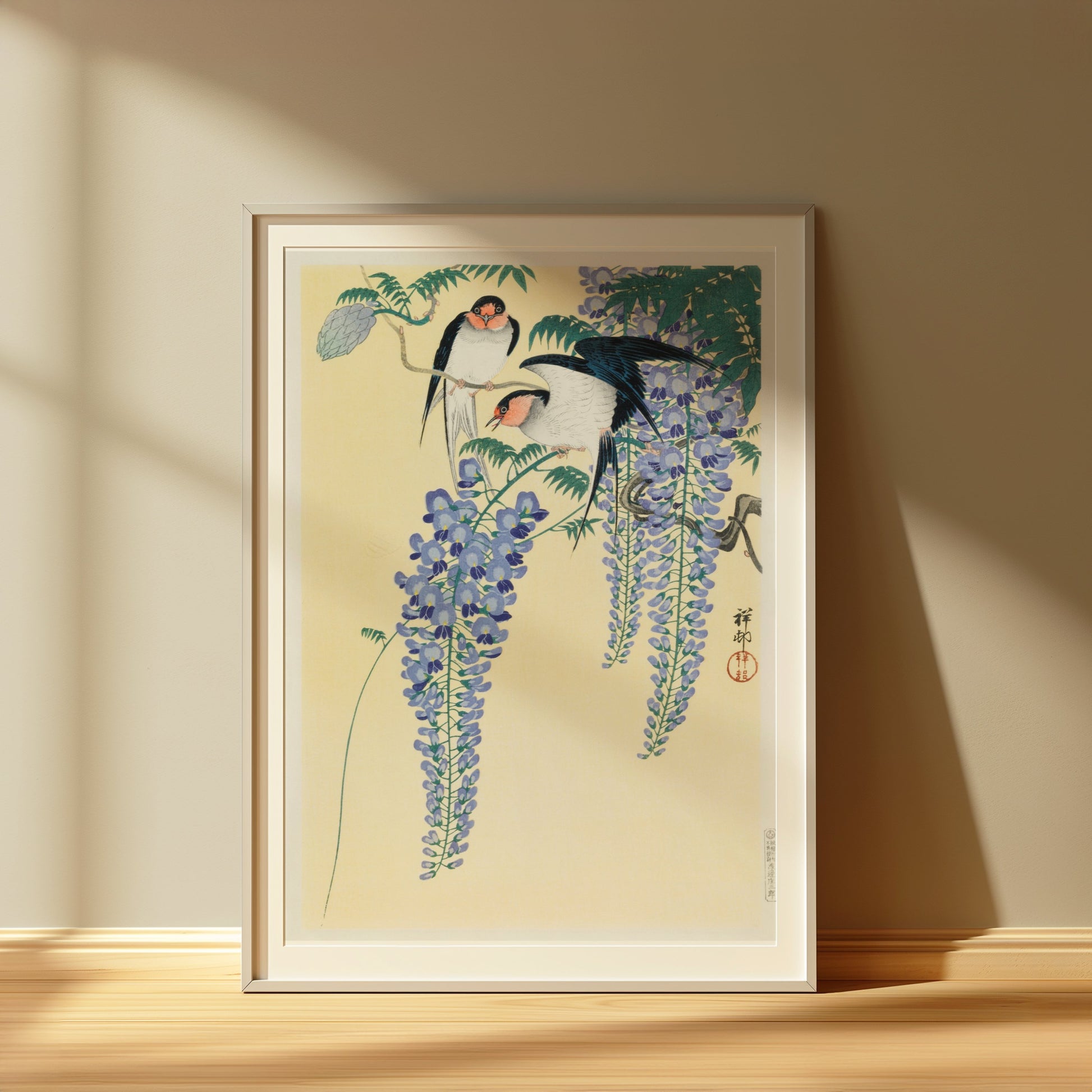 Premium Poster of Vibrant Japanese Artwork of Birds and Wisteria Flower Posters