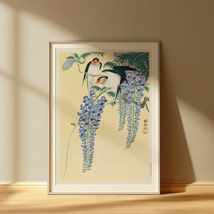 Premium Poster of Vibrant Japanese Artwork of Birds and Wisteria Flower Posters