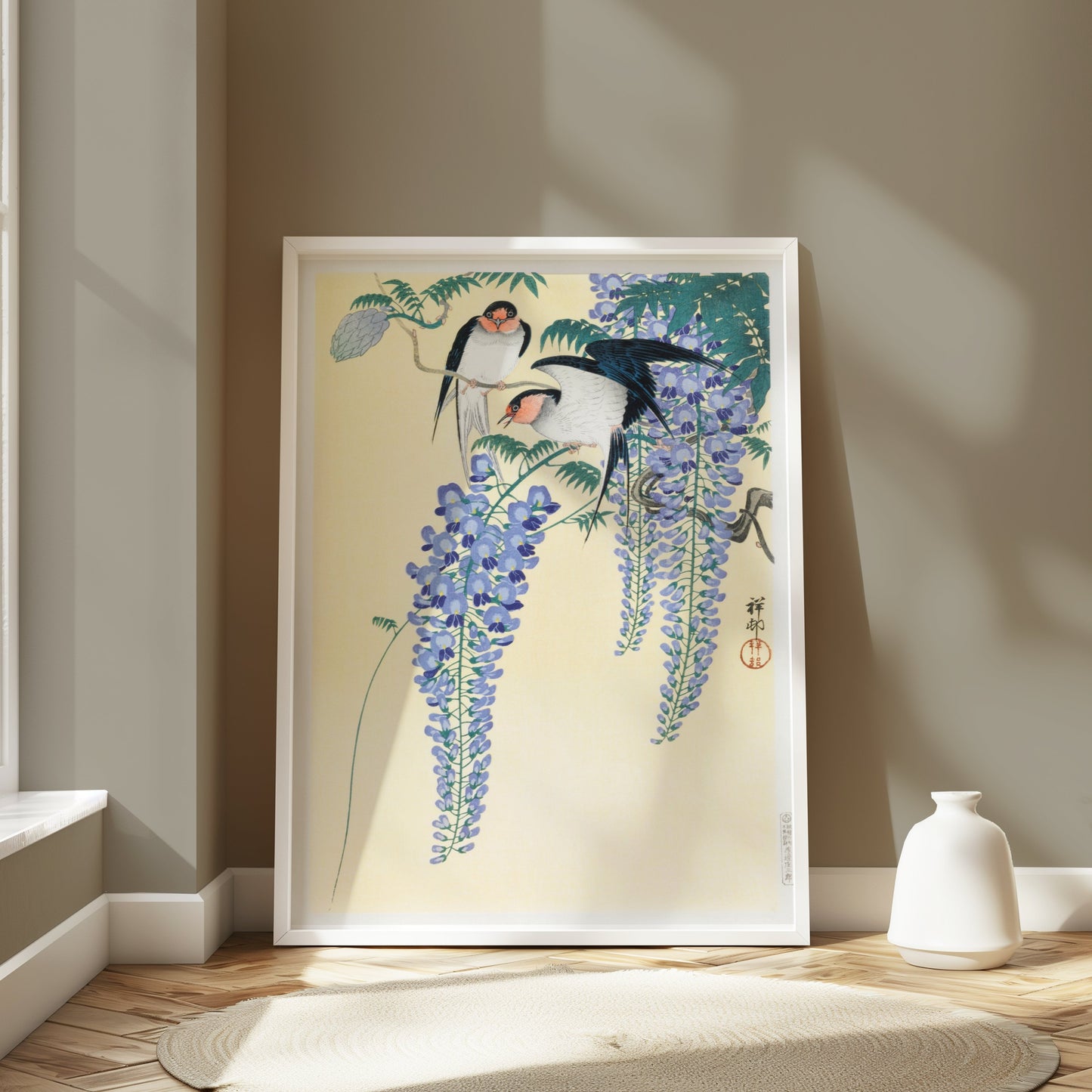 Premium Poster of Vibrant Japanese Artwork of Birds and Wisteria Flower Posters