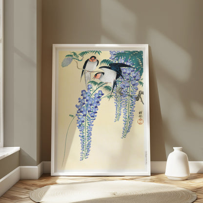Premium Poster of Vibrant Japanese Artwork of Birds and Wisteria Flower Posters