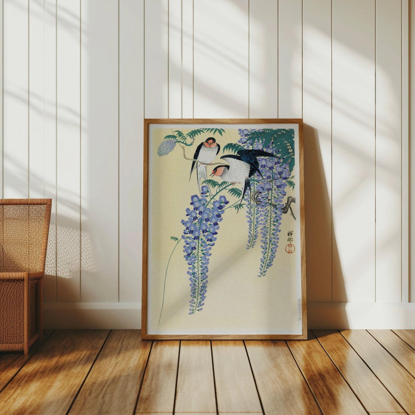 Premium Poster of Vibrant Japanese Artwork of Birds and Wisteria Flower Posters