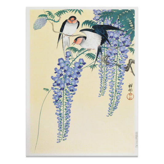 Premium Poster of Vibrant Japanese Artwork of Birds and Wisteria Flower Posters