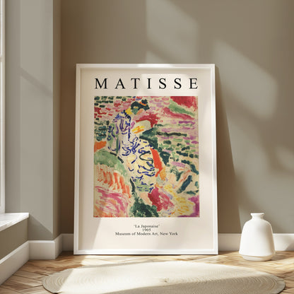 Matisse 'La Japonaise' art print in a white frame, styled in a sunlit corner with minimalist decor and neutral tones.