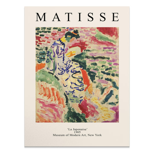 Vibrant Matisse art print 'La Japonaise' featuring colorful abstract brushstrokes, displayed on a cream background with bold text.