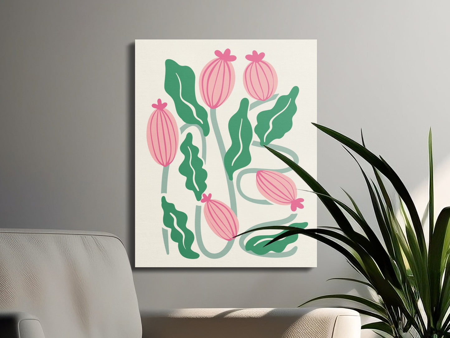 Premium Poster of Vibrant Pink and Green Floral Wall Art Canvas Wraps