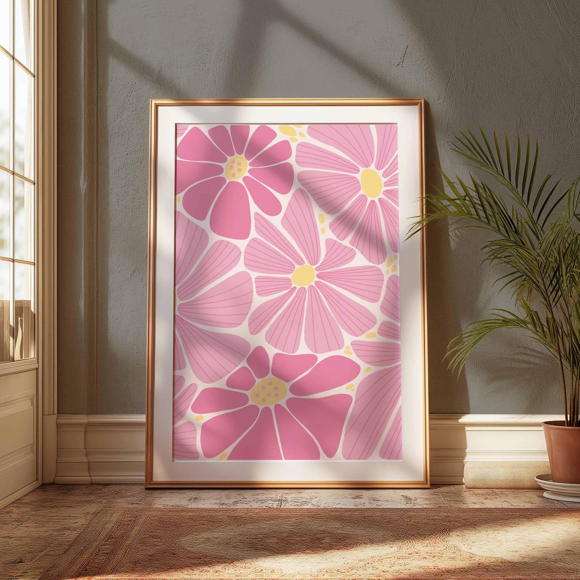 Premium Poster of Vibrant Pink and Yellow Floral Botanical Pattern Posters