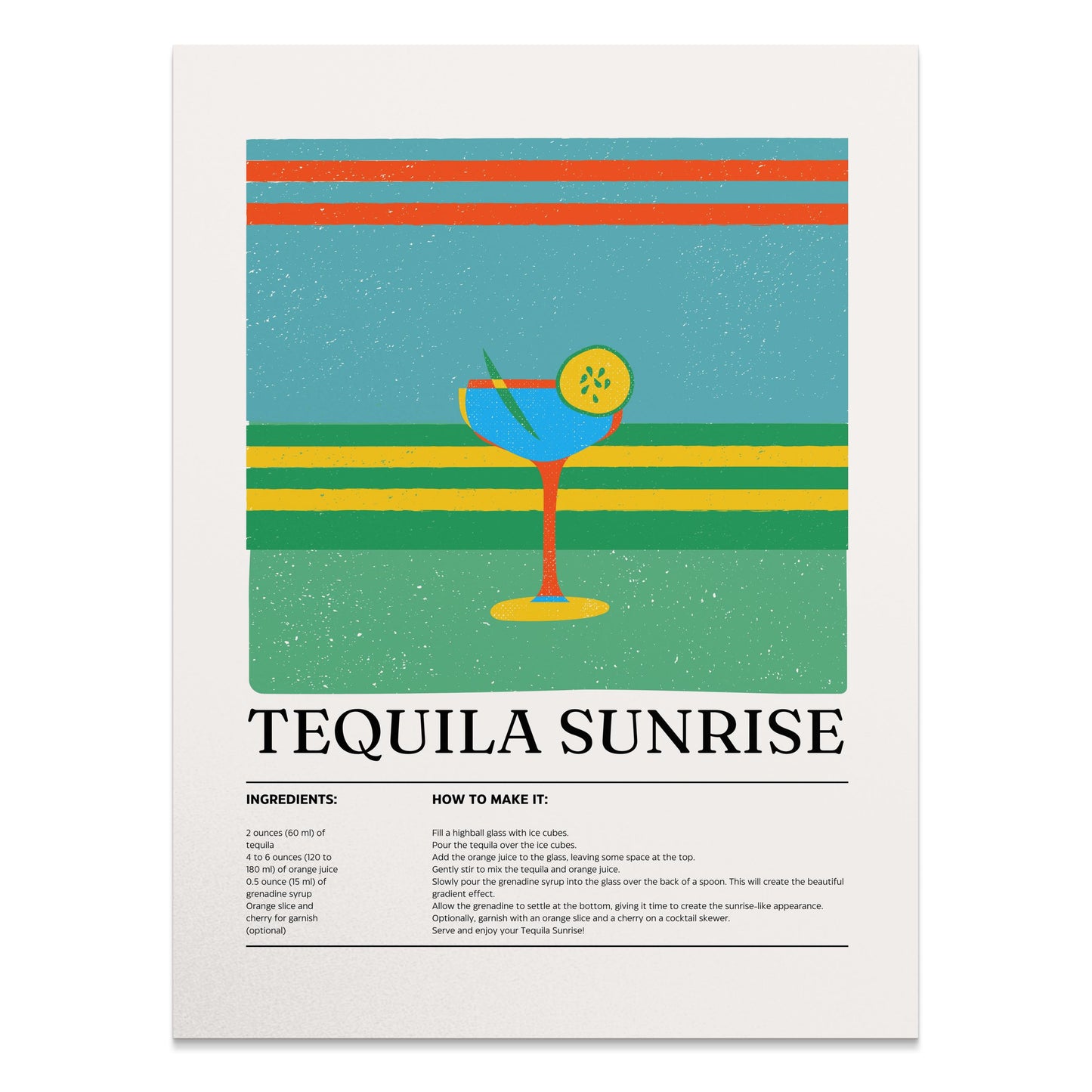 Premium Poster of Vibrant Tequila Sunrise Recipe Kitchen Decor Art Posters