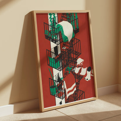 Premium Poster of Vibrant Urban Fire Escape Balcony Artwork Posters