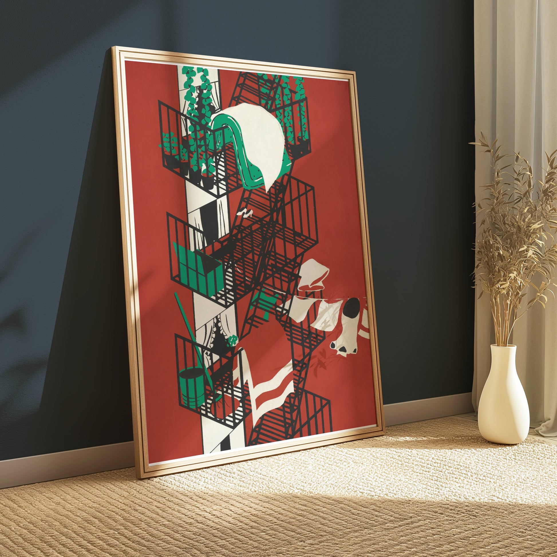 Premium Poster of Vibrant Urban Fire Escape Balcony Artwork Posters