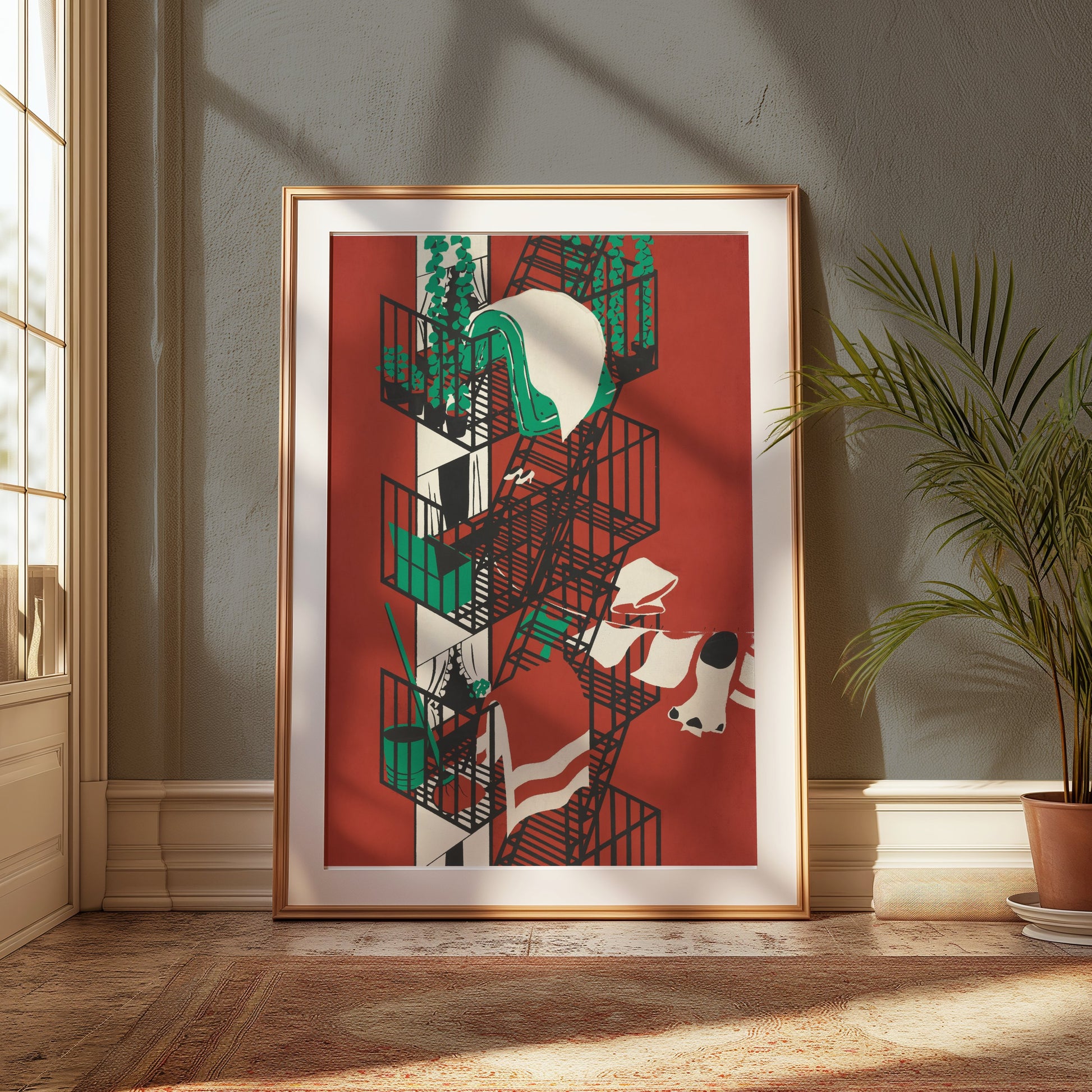 Premium Poster of Vibrant Urban Fire Escape Balcony Artwork Posters