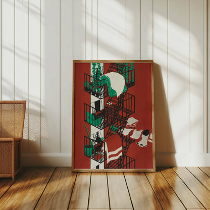 Premium Poster of Vibrant Urban Fire Escape Balcony Artwork Posters