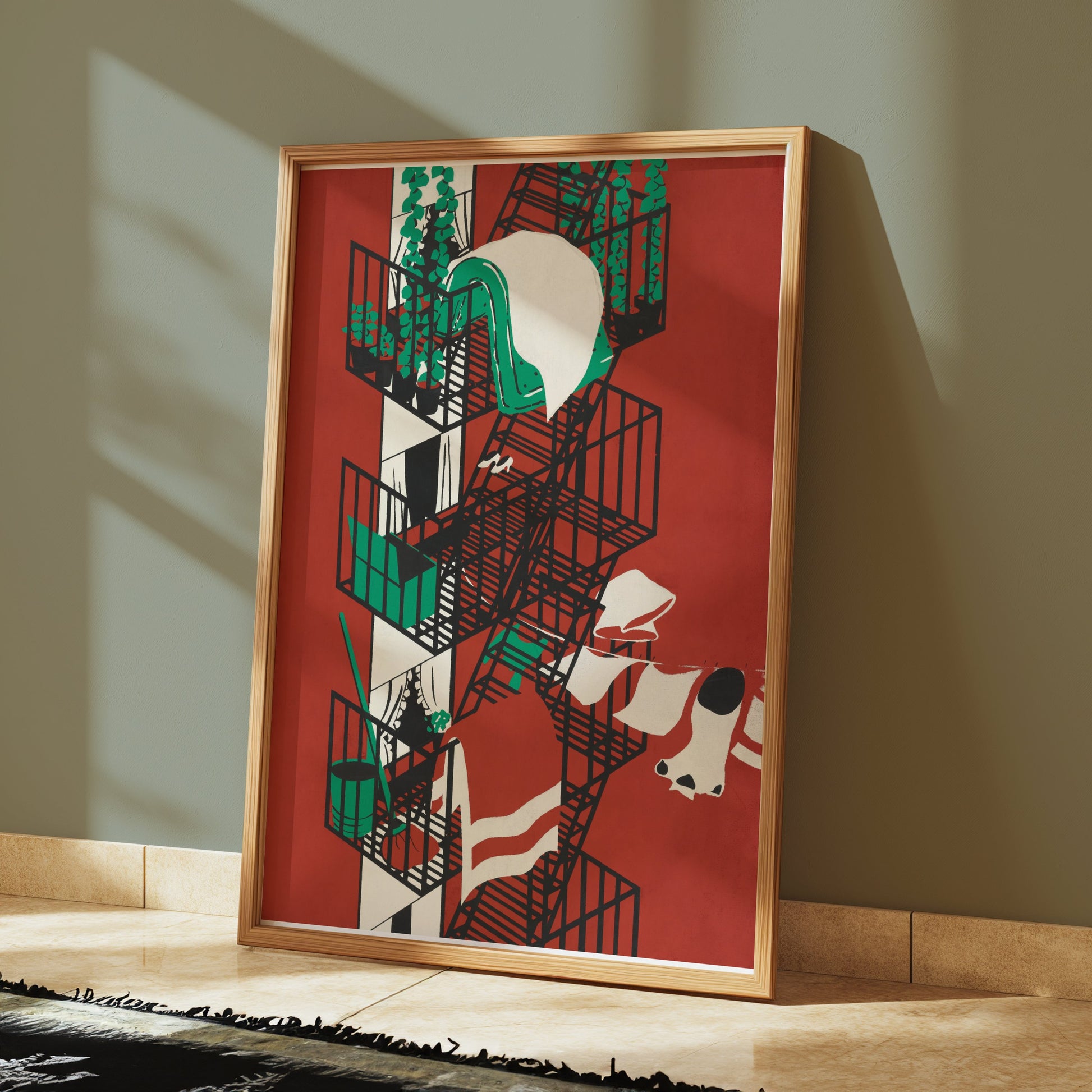 Premium Poster of Vibrant Urban Fire Escape Balcony Artwork Posters