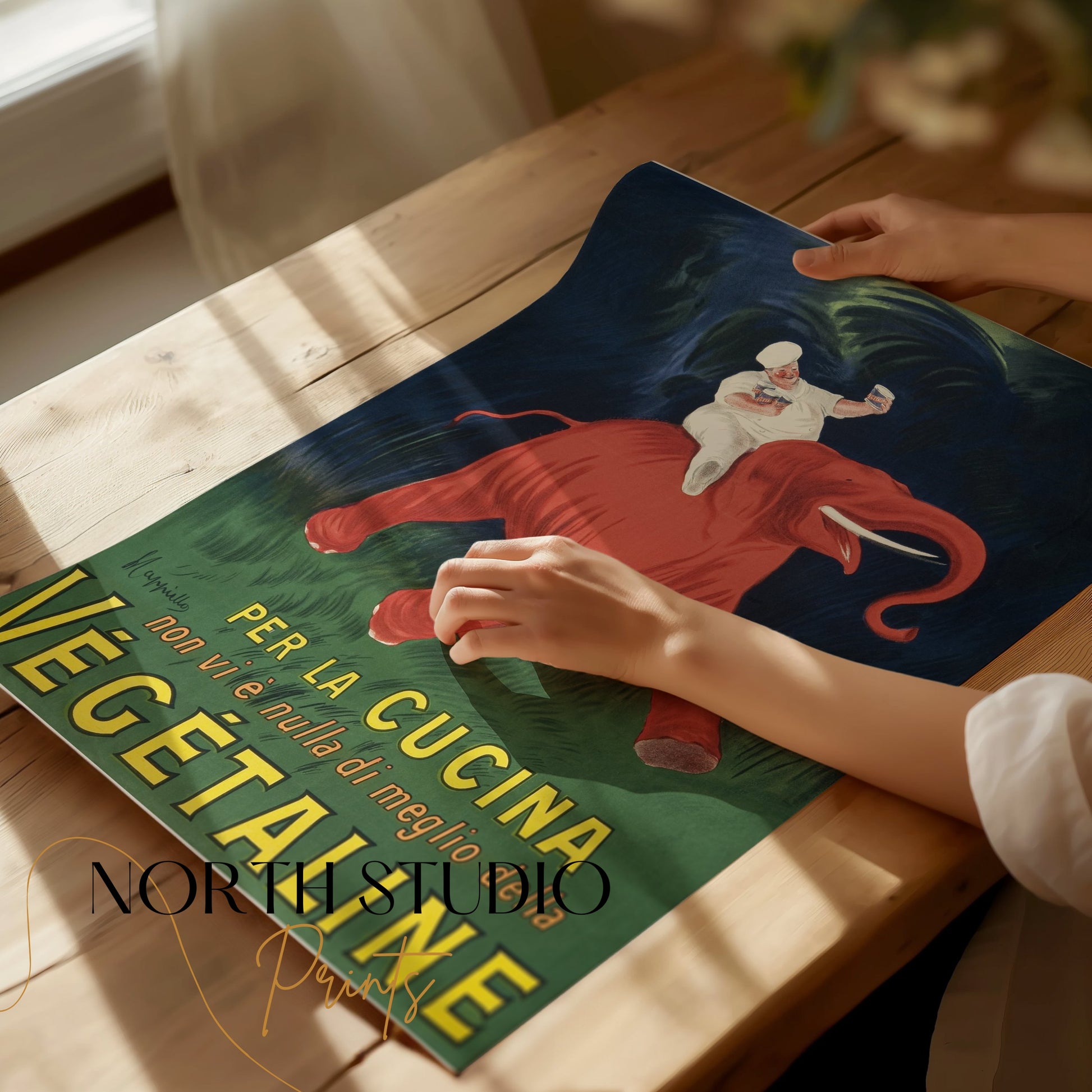 Premium Poster of Vibrant Vintage Chef Riding Elephant Kitchen Posters