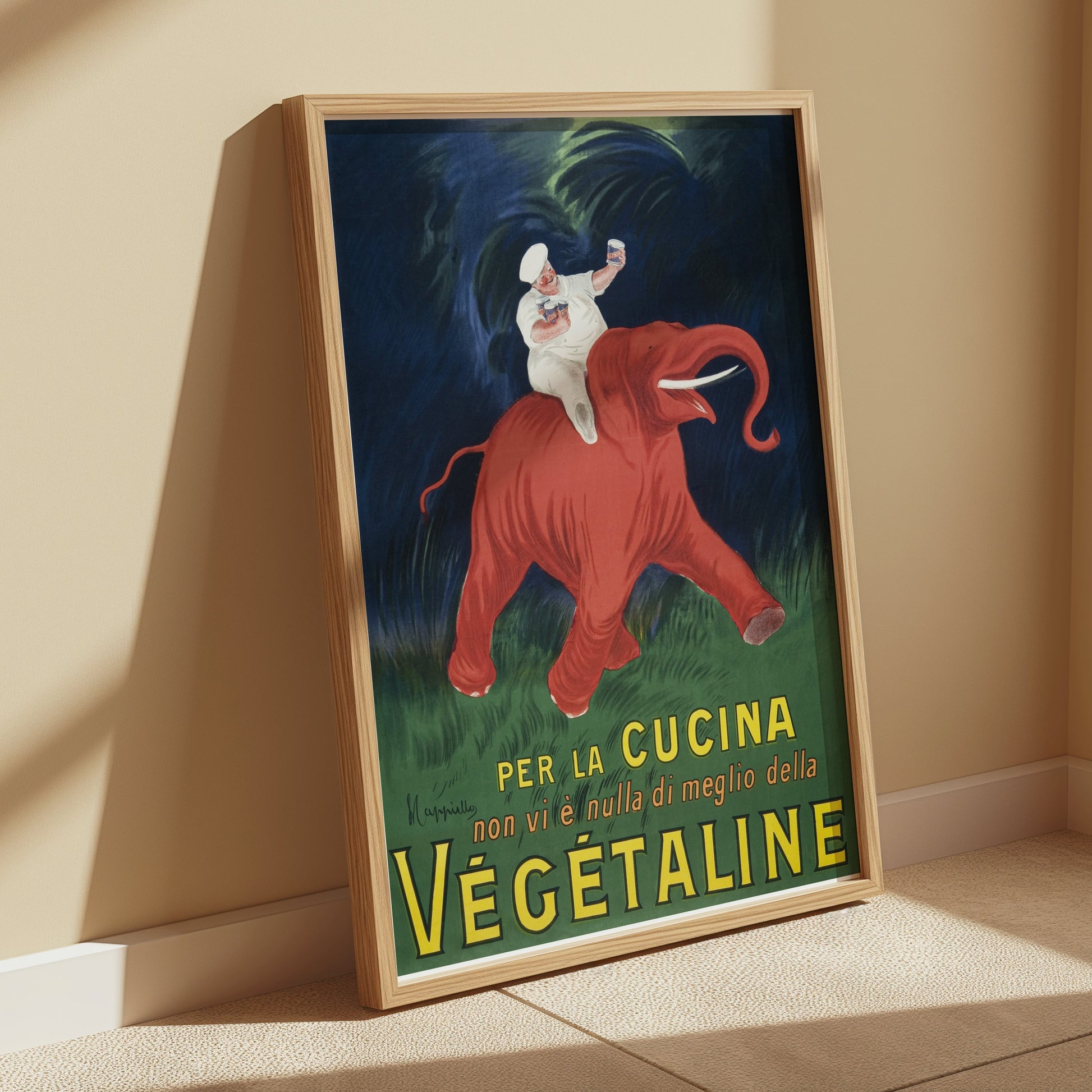 Premium Poster of Vibrant Vintage Chef Riding Elephant Kitchen Posters