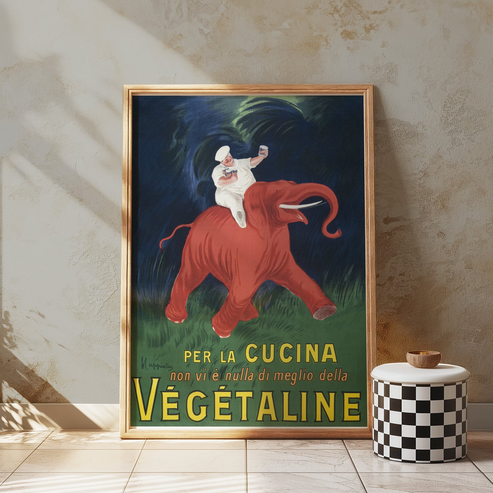 Premium Poster of Vibrant Vintage Chef Riding Elephant Kitchen Posters