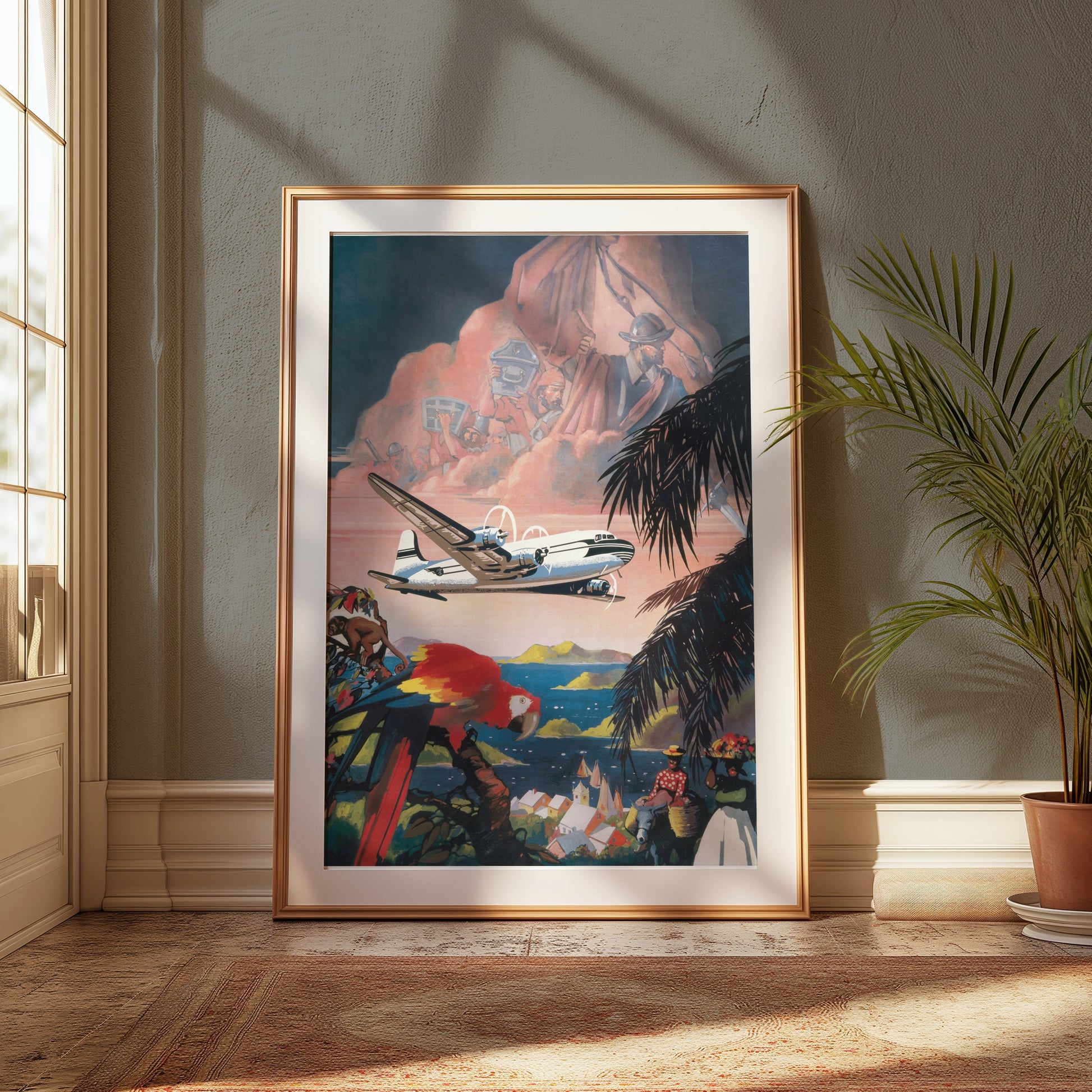 Premium Poster of Vintage Airplane and Tropical Landscape Art Print Posters