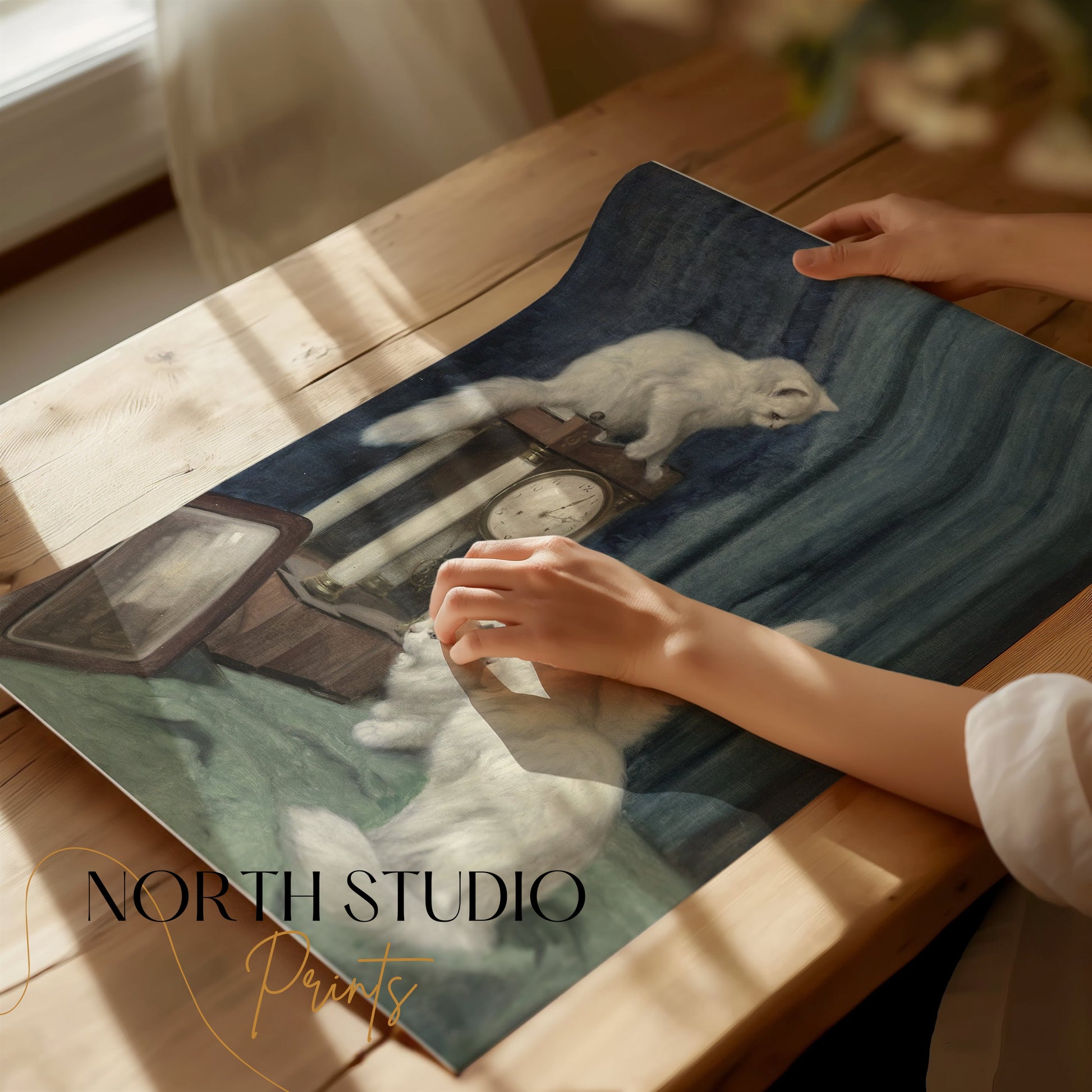 Premium Poster of Vintage Artwork of White Cats with Clock Posters