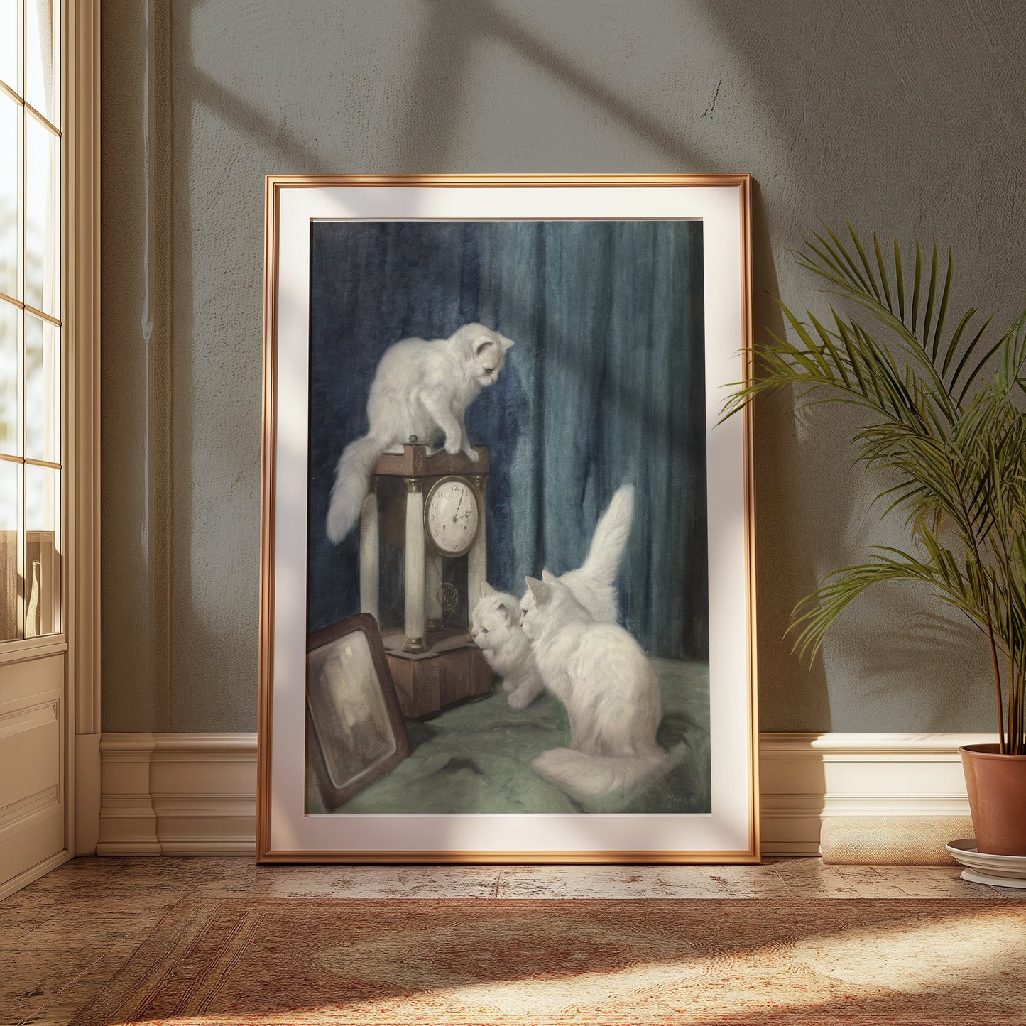 Premium Poster of Vintage Artwork of White Cats with Clock Posters