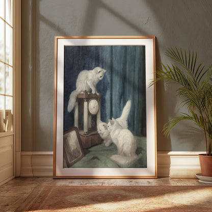 Premium Poster of Vintage Artwork of White Cats with Clock Posters