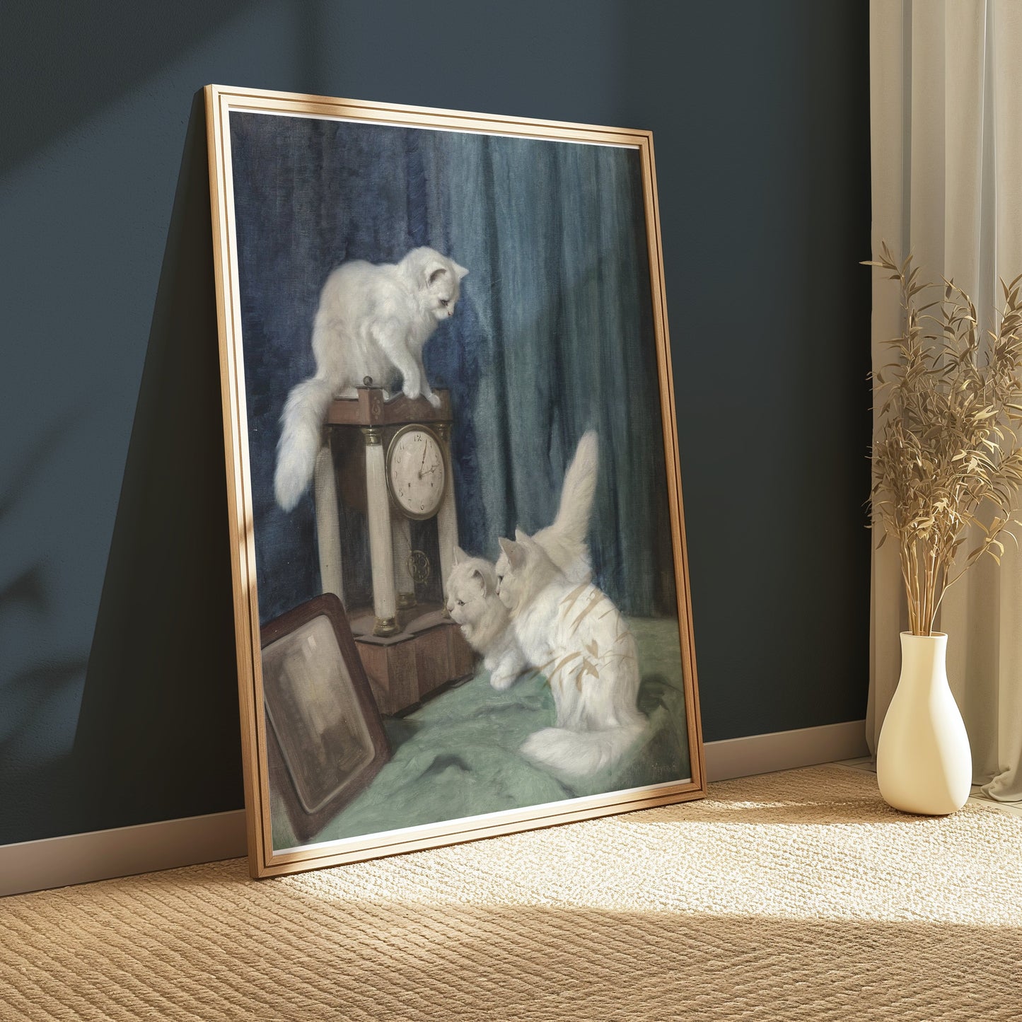 Premium Poster of Vintage Artwork of White Cats with Clock Posters