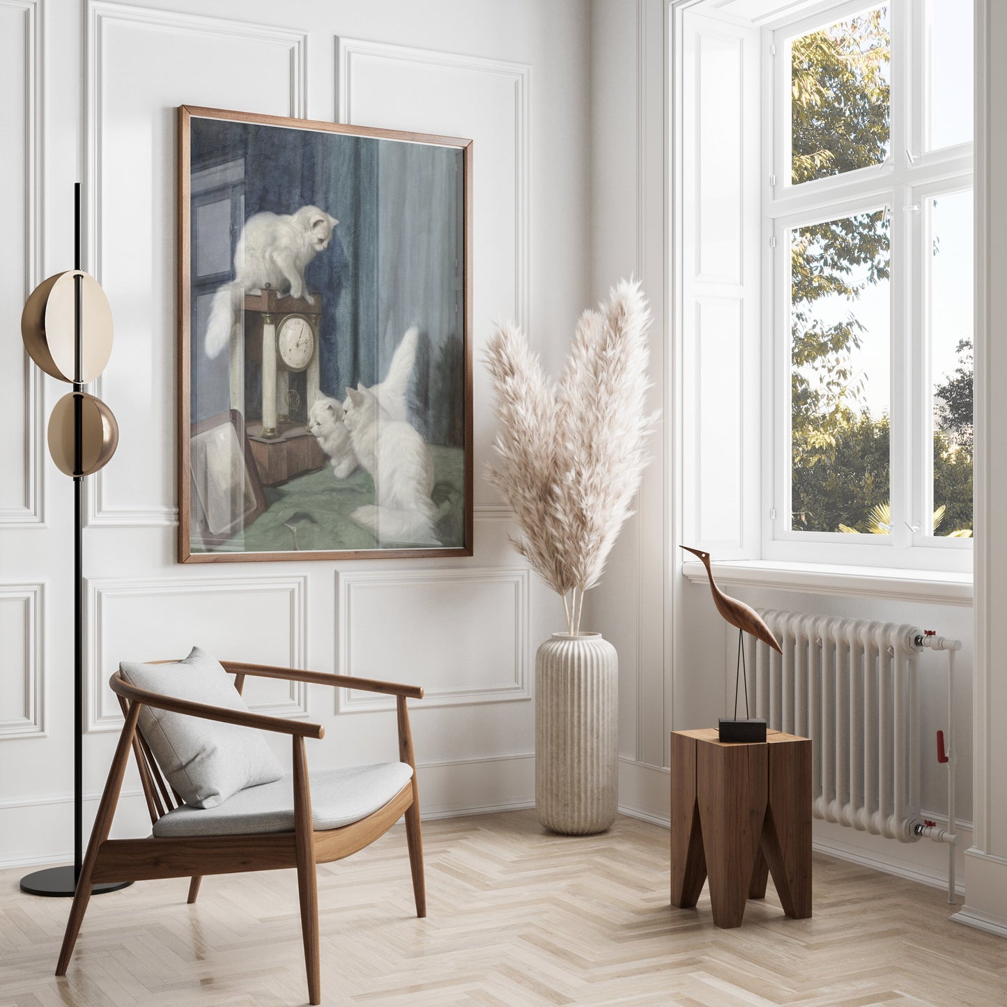 Premium Poster of Vintage Artwork of White Cats with Clock Posters