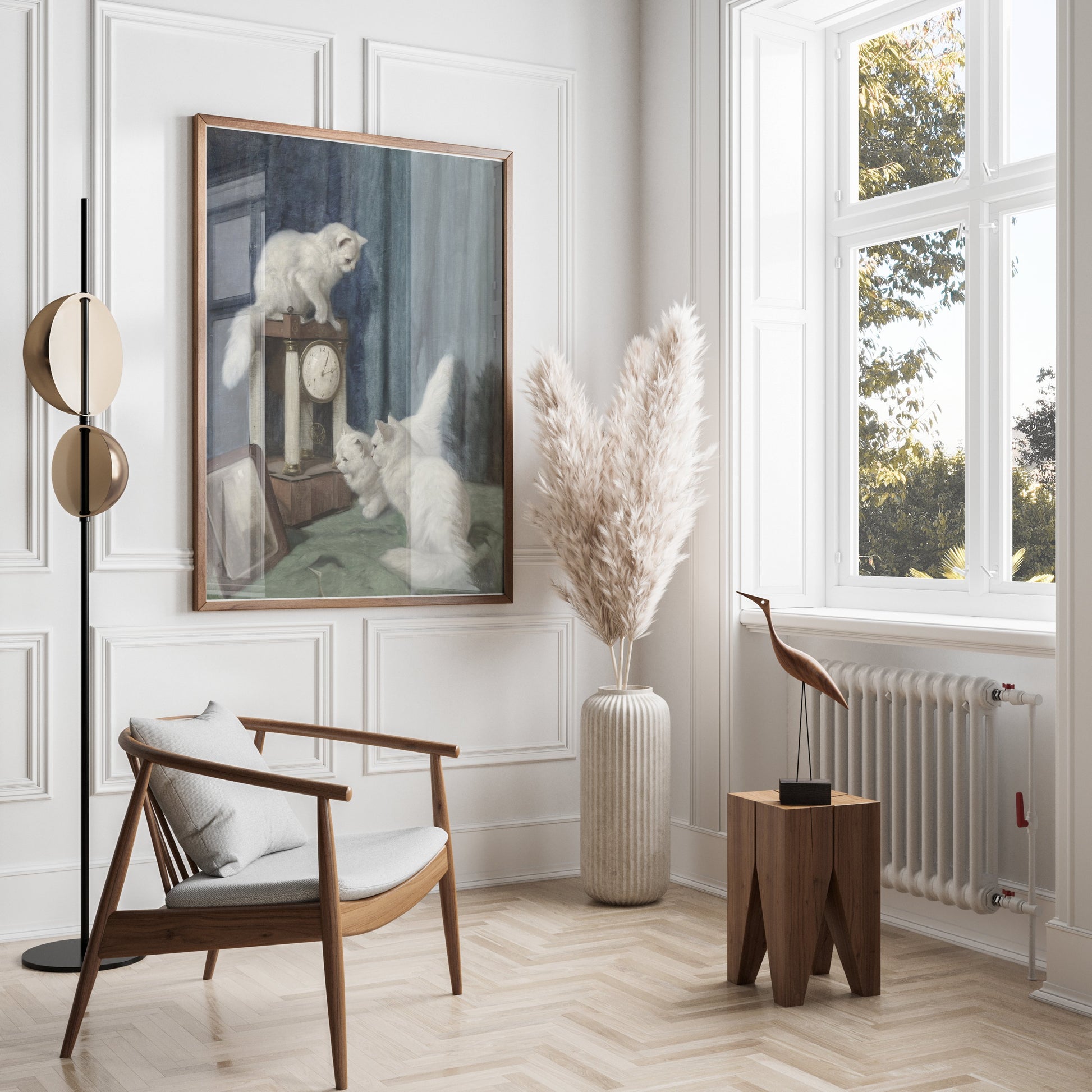 Premium Poster of Vintage Artwork of White Cats with Clock Posters
