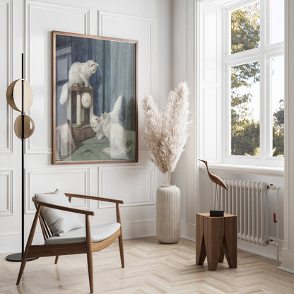 Premium Poster of Vintage Artwork of White Cats with Clock Posters