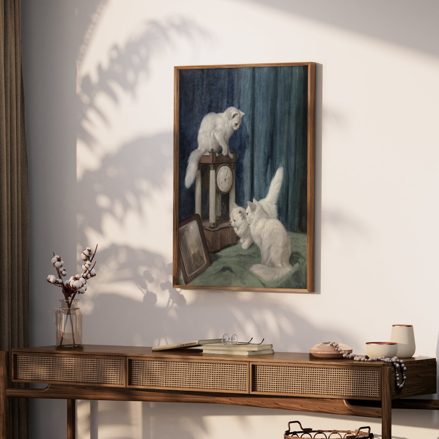 Premium Poster of Vintage Artwork of White Cats with Clock Posters