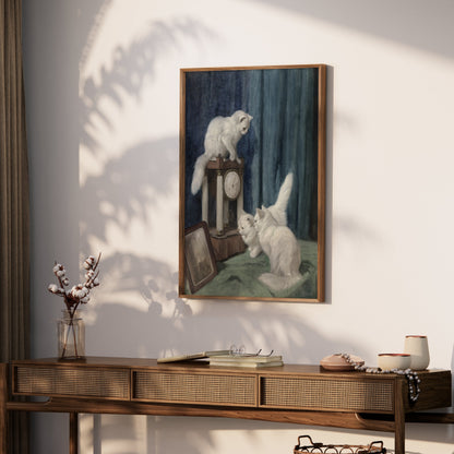 Premium Poster of Vintage Artwork of White Cats with Clock Posters