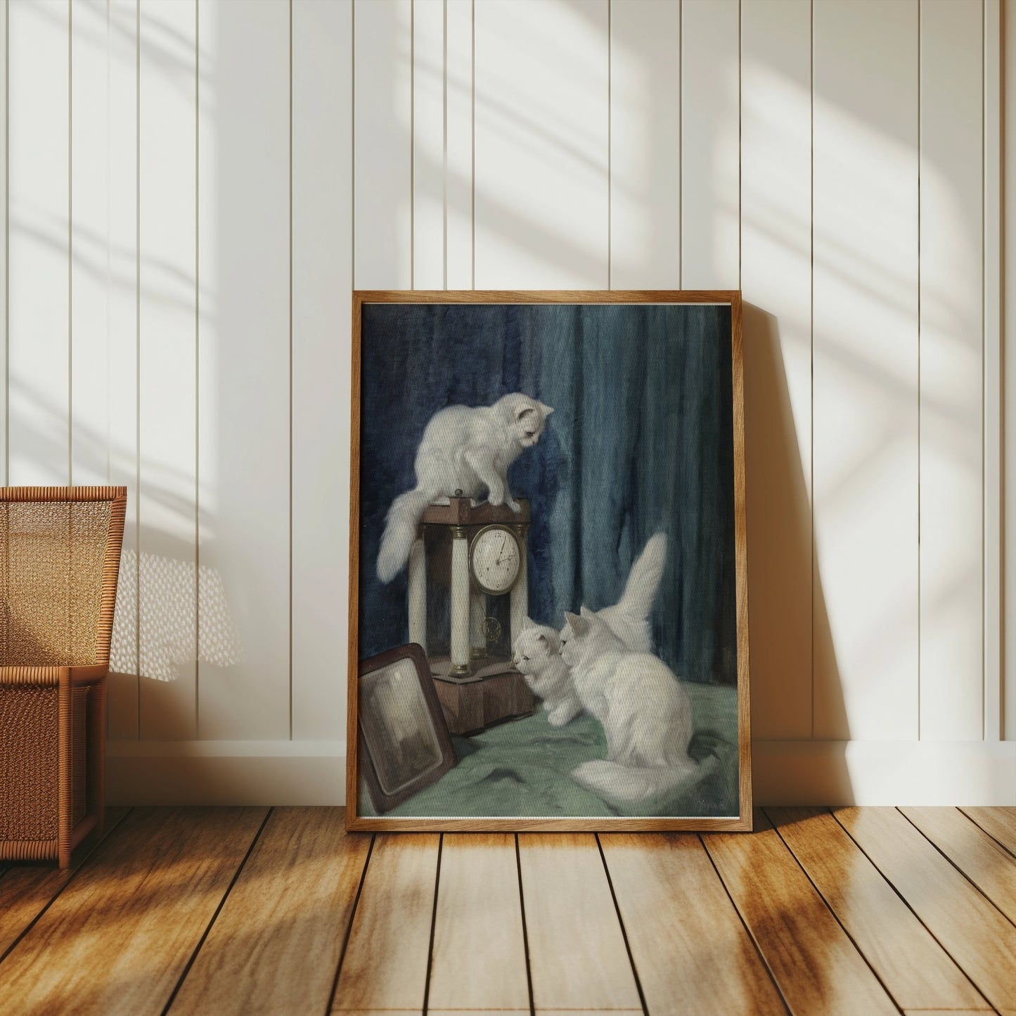 Premium Poster of Vintage Artwork of White Cats with Clock Posters