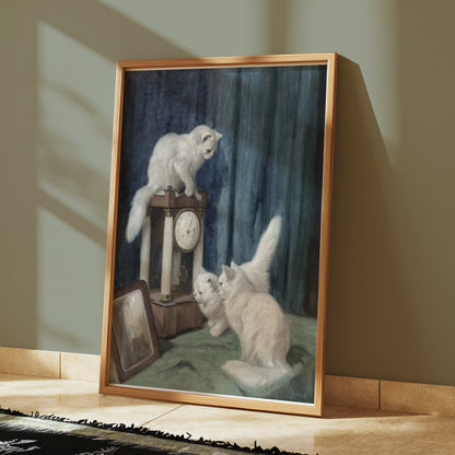 Premium Poster of Vintage Artwork of White Cats with Clock Posters
