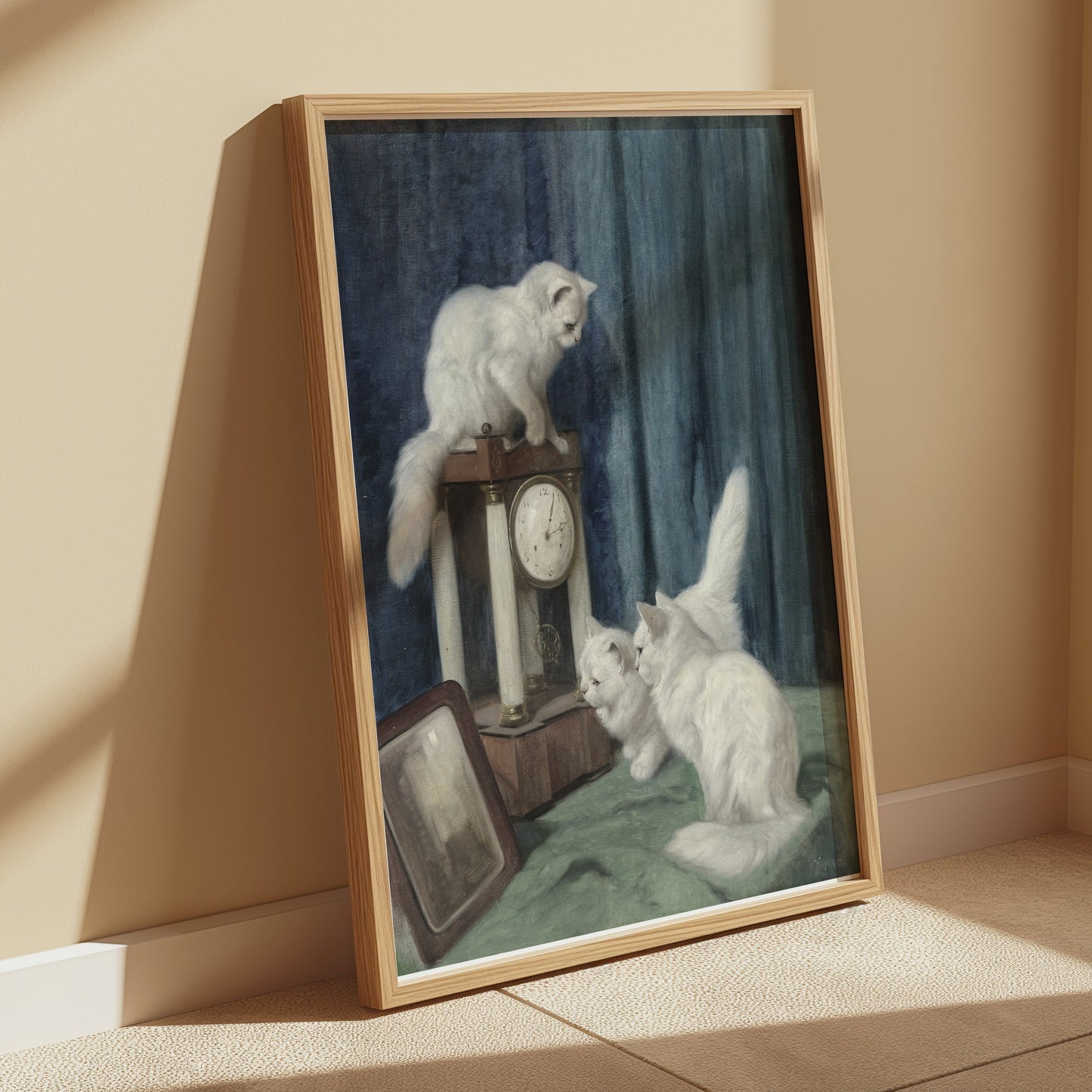 Premium Poster of Vintage Artwork of White Cats with Clock Posters