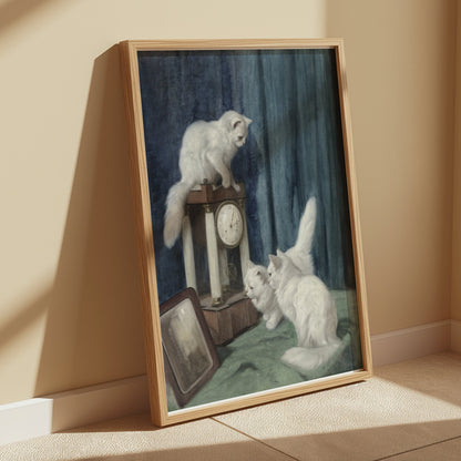 Premium Poster of Vintage Artwork of White Cats with Clock Posters