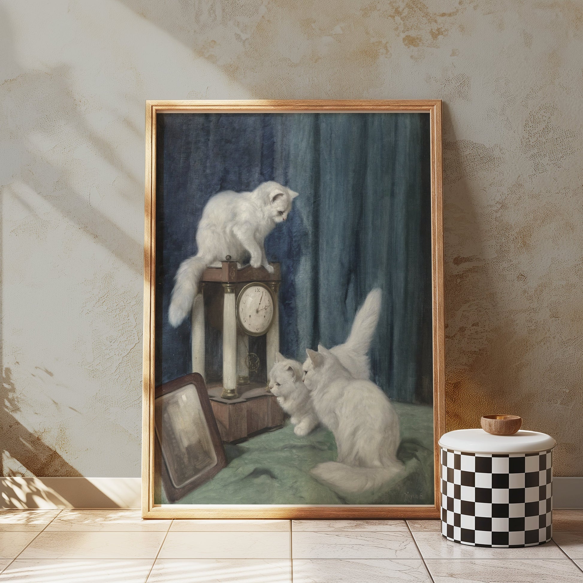 Premium Poster of Vintage Artwork of White Cats with Clock Posters