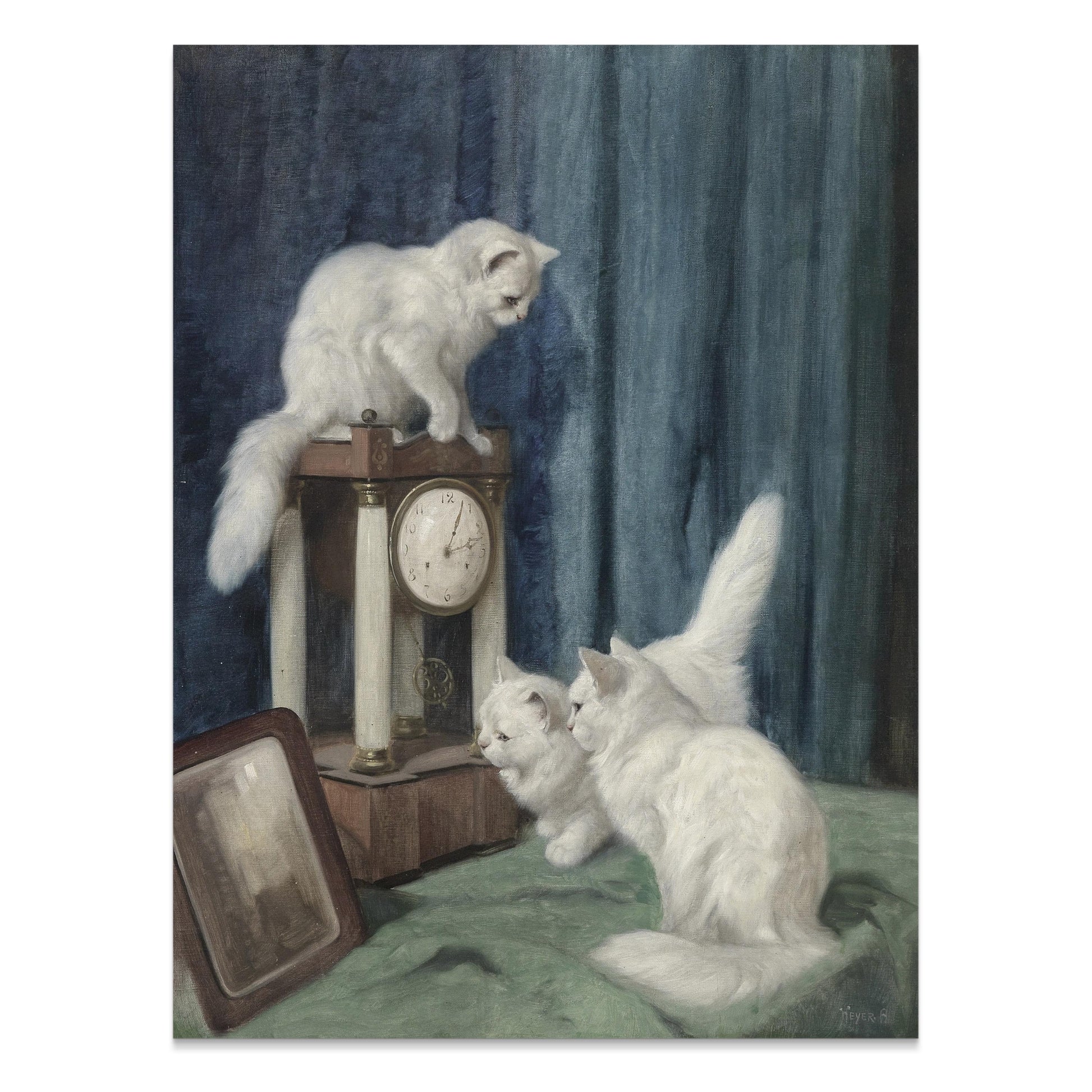 Premium Poster of Vintage Artwork of White Cats with Clock Posters