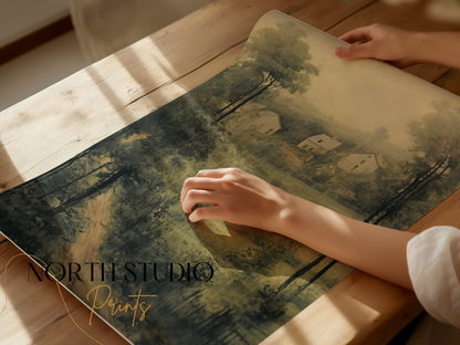 Premium Poster of Vintage Countryside Landscape Art Green Aesthetic Posters
