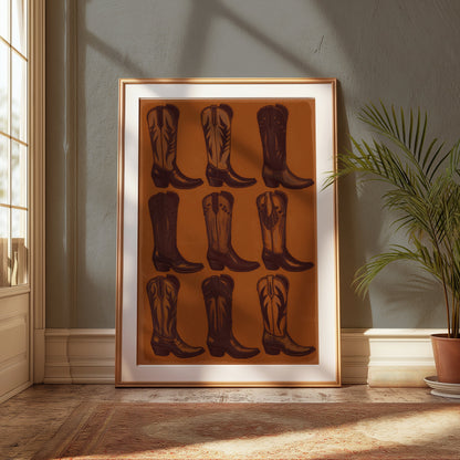 Vintage Cowboy Boots Collection Art Poster in a wooden frame, leaning against a textured wall with natural light and a potted plant nearby.