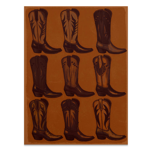 Vintage Cowboy Boots Collection Art Poster featuring nine detailed illustrations of western boots on a rustic brown background.