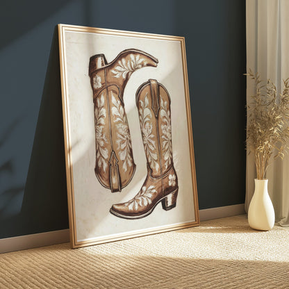 Premium Poster of Vintage Cowboy Boots with Floral Patterns Posters