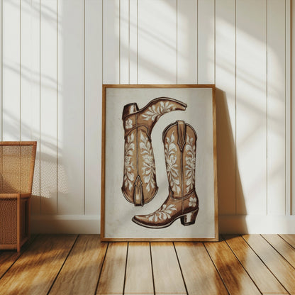Premium Poster of Vintage Cowboy Boots with Floral Patterns Posters