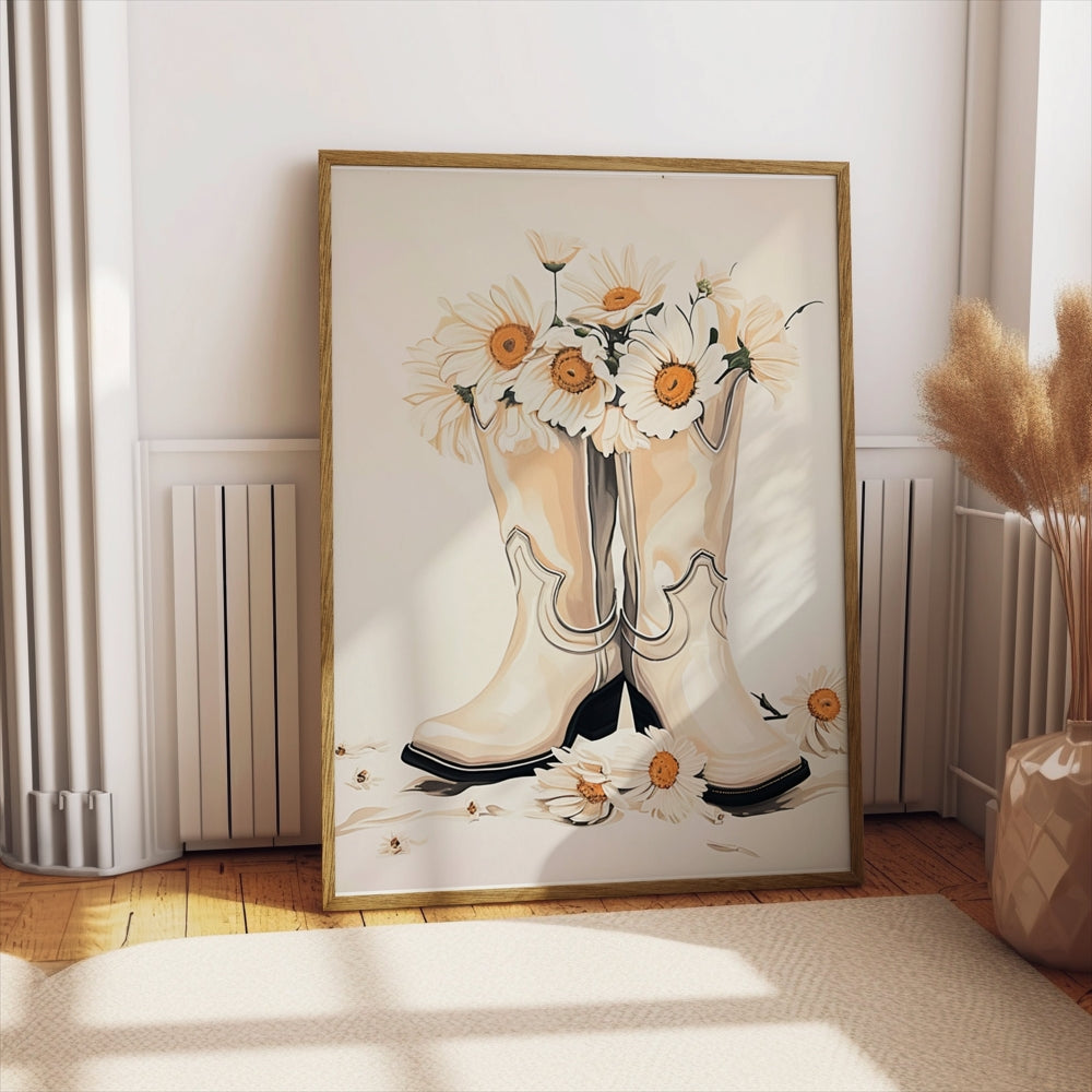 Premium Poster of Vintage Cowgirl Boots with Daisies Art Print Posters