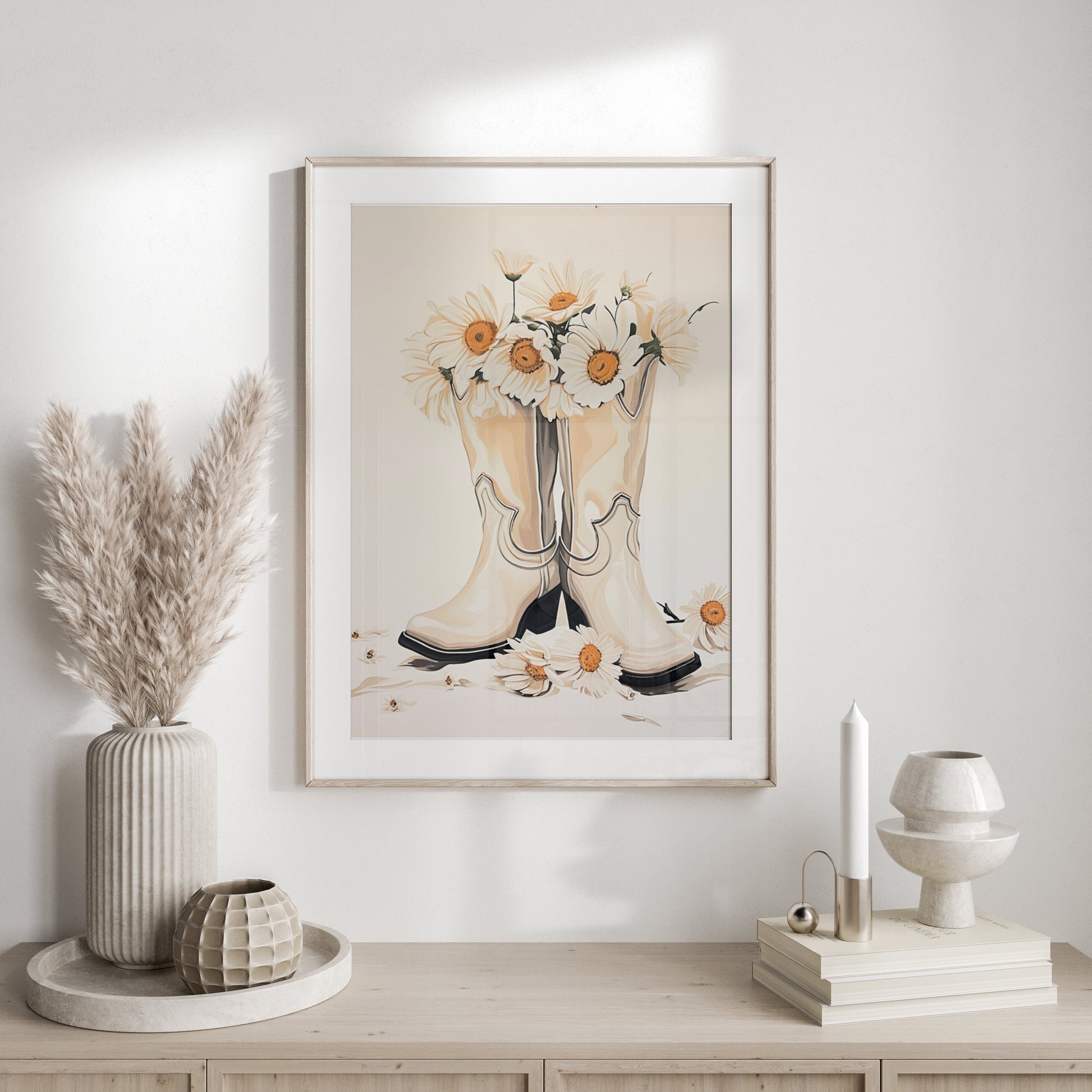 Premium Poster of Vintage Cowgirl Boots with Daisies Art Print Posters