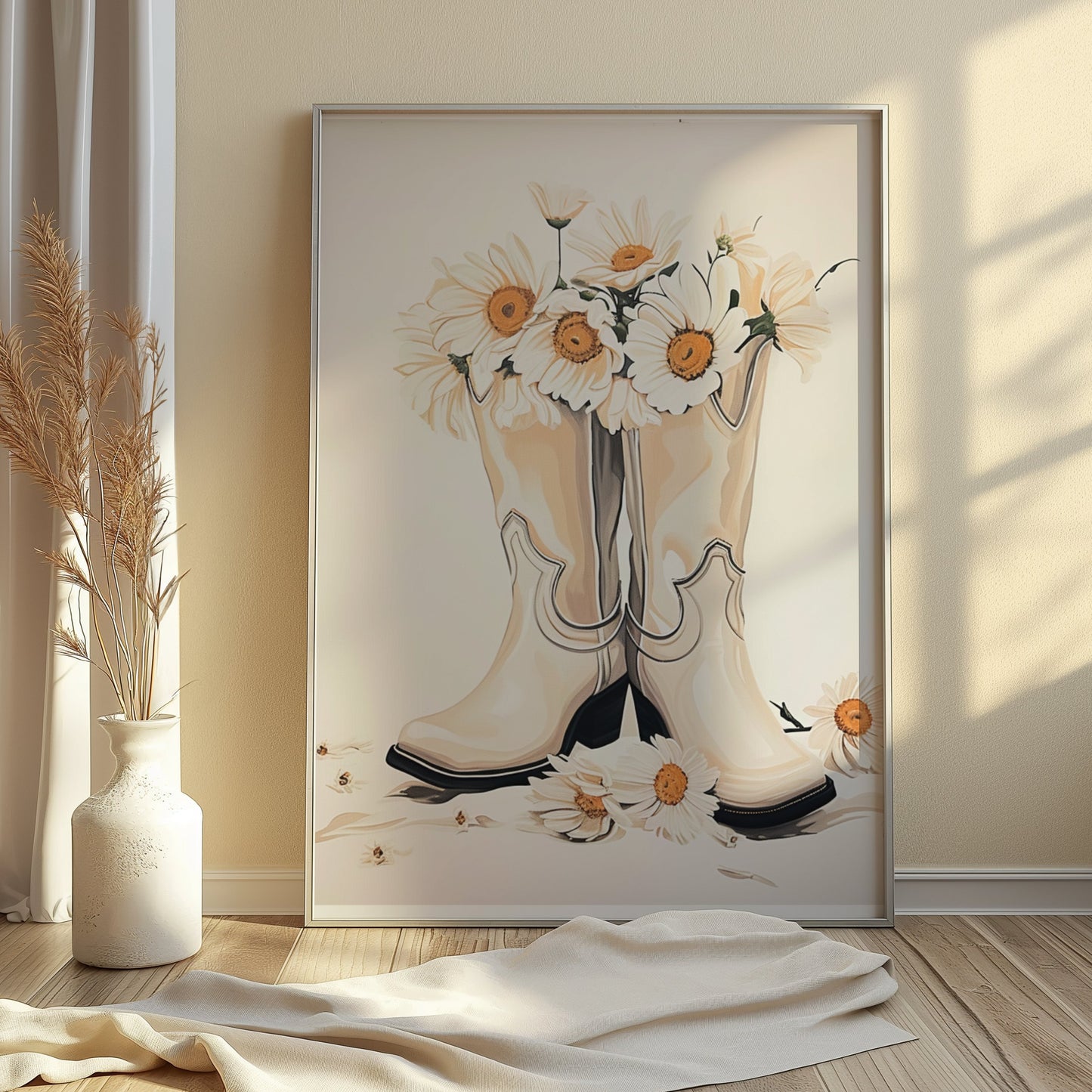 Premium Poster of Vintage Cowgirl Boots with Daisies Art Print Posters